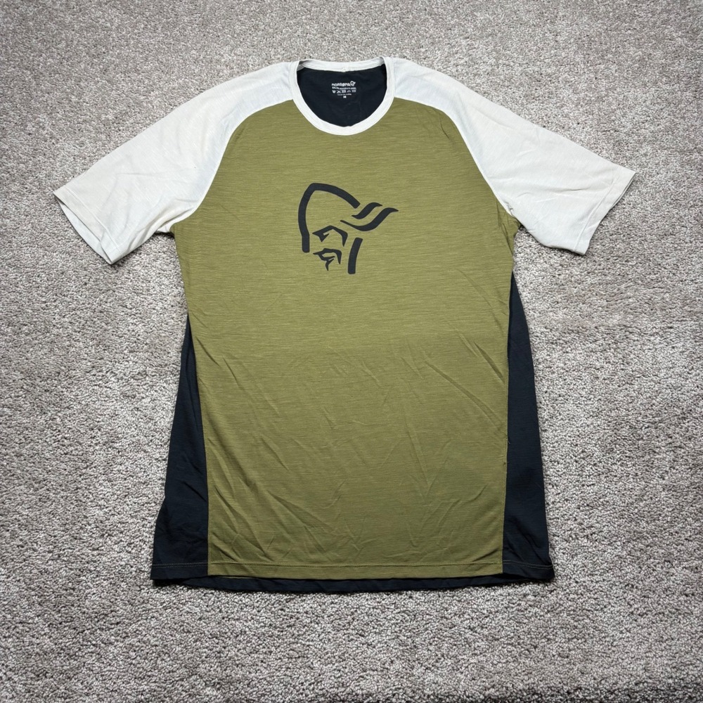 Norrona Fjora Wool T-Shirt Mens Medium Olive Drab Caviar MTB Hiking Tee 2224-21